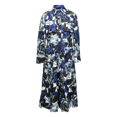 Blue & White Prada Rose Print Maxi Dress Size IT 44 - Designer Revival