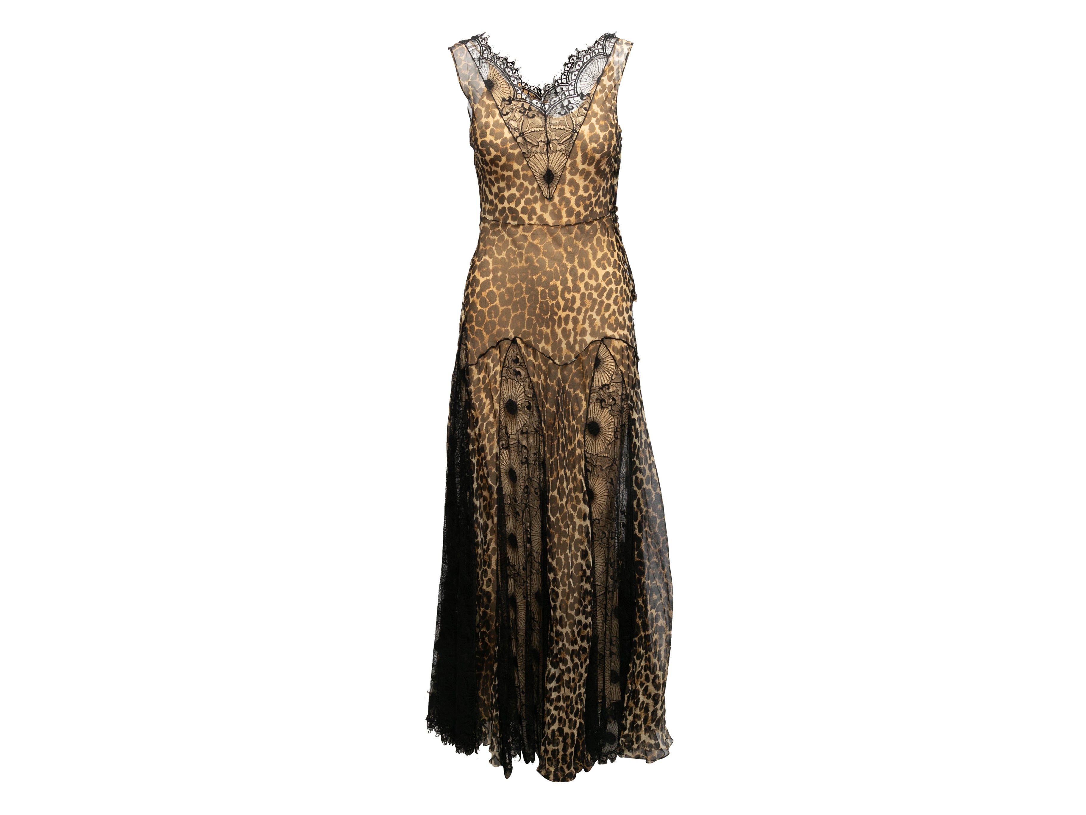 Vintage Beige & Black John Galliano Fall/Winter 2002 Leopard Print Silk & Lace Gown Size US 4 - Designer Revival
