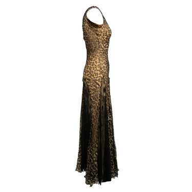 Vintage Beige & Black John Galliano Fall/Winter 2002 Leopard Print Silk & Lace Gown Size US 4