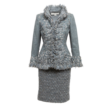 Light Blue & Grey Oscar de la Renta Wool & Cashmere Skirt Suit Size UK 4,8 - 127-0Shops Revival