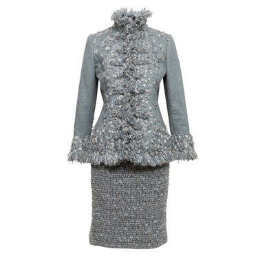 Light Blue & Grey Oscar de la Renta Wool & Cashmere Skirt Suit Size UK 4,8 - 127-0Shops Revival