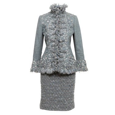 Light Blue & Grey Oscar de la Renta Wool & Cashmere Skirt Suit Size UK 4,8 - Designer Revival