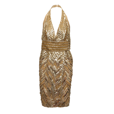 Gold Elie Saab Silk Sequined & Beaded Halter Dress Size M - Designer Revival