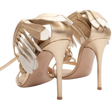 Gold & White Gianvito Rossi Leather Fringe Heeled Sandals Size 40