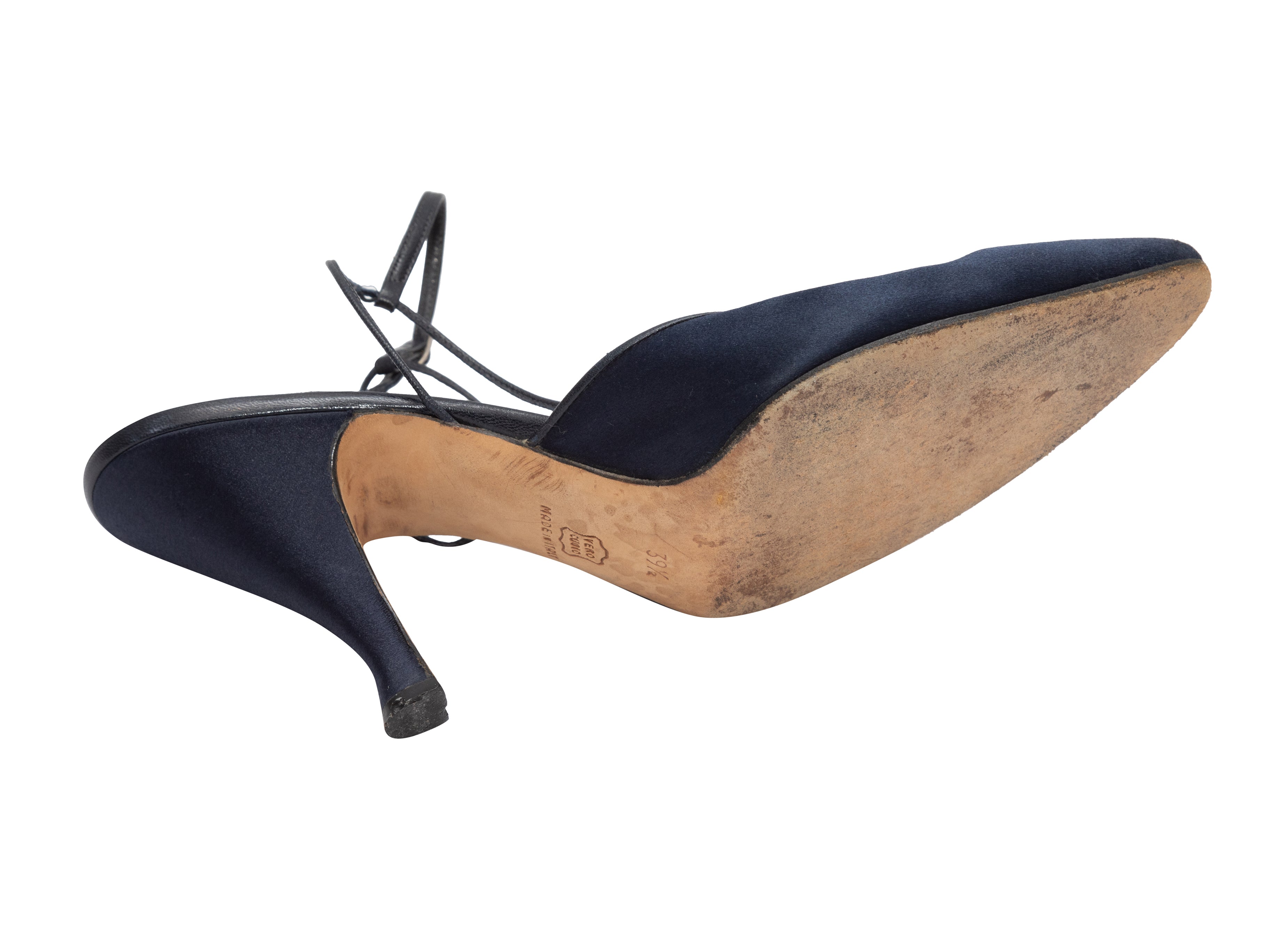Navy Manolo Blahnik Satin Pointed-Toe Heels - Designer Revival