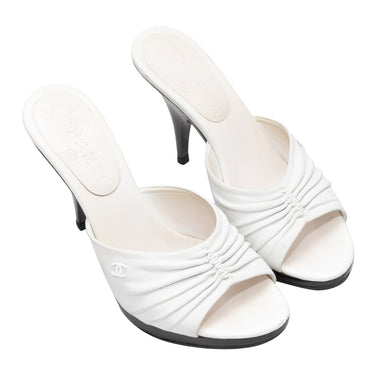 White Chanel Heeled Leather Sandals Size 37