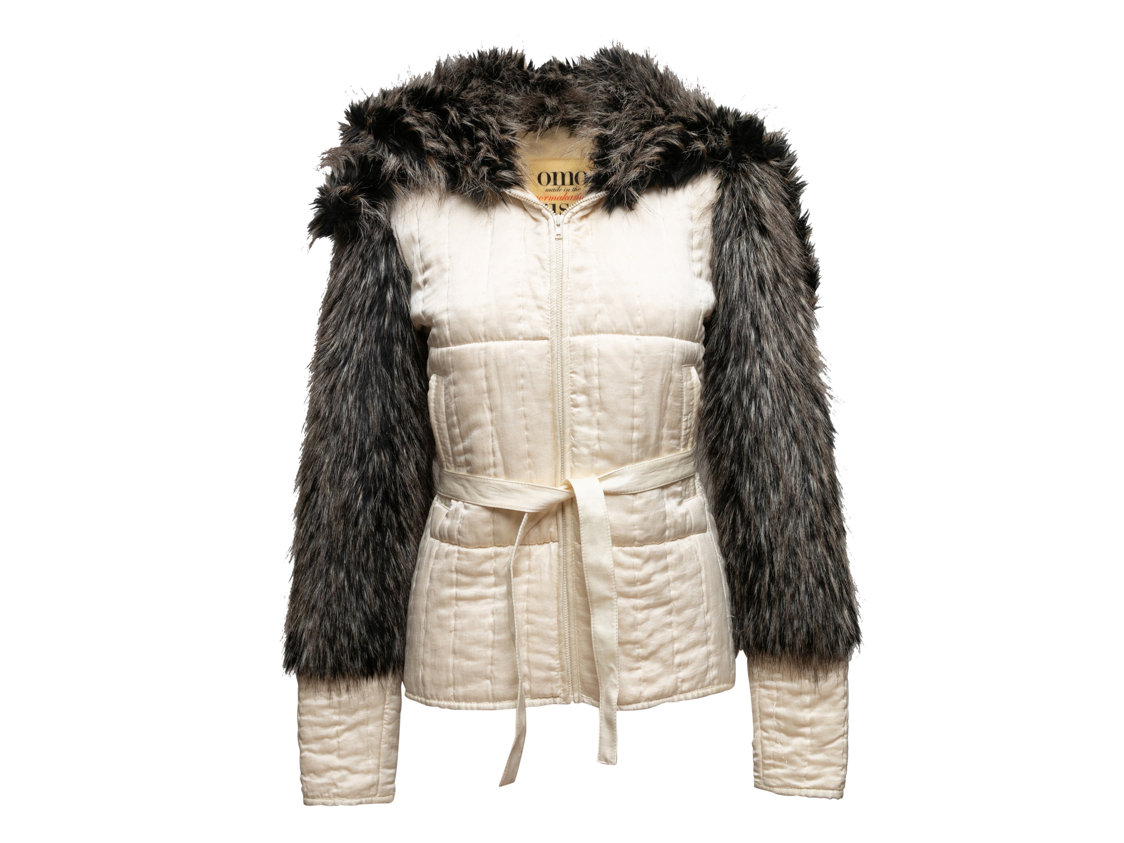 Vintage White & Charcoal Omo Norma Kamali Silk & Faux Fur Jacket Size US XS - Designer Revival
