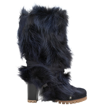 Navy Chloe Coyote Fur & Leather Mid-Calf Boots Size 37 - Atelier-lumieresShops Revival
