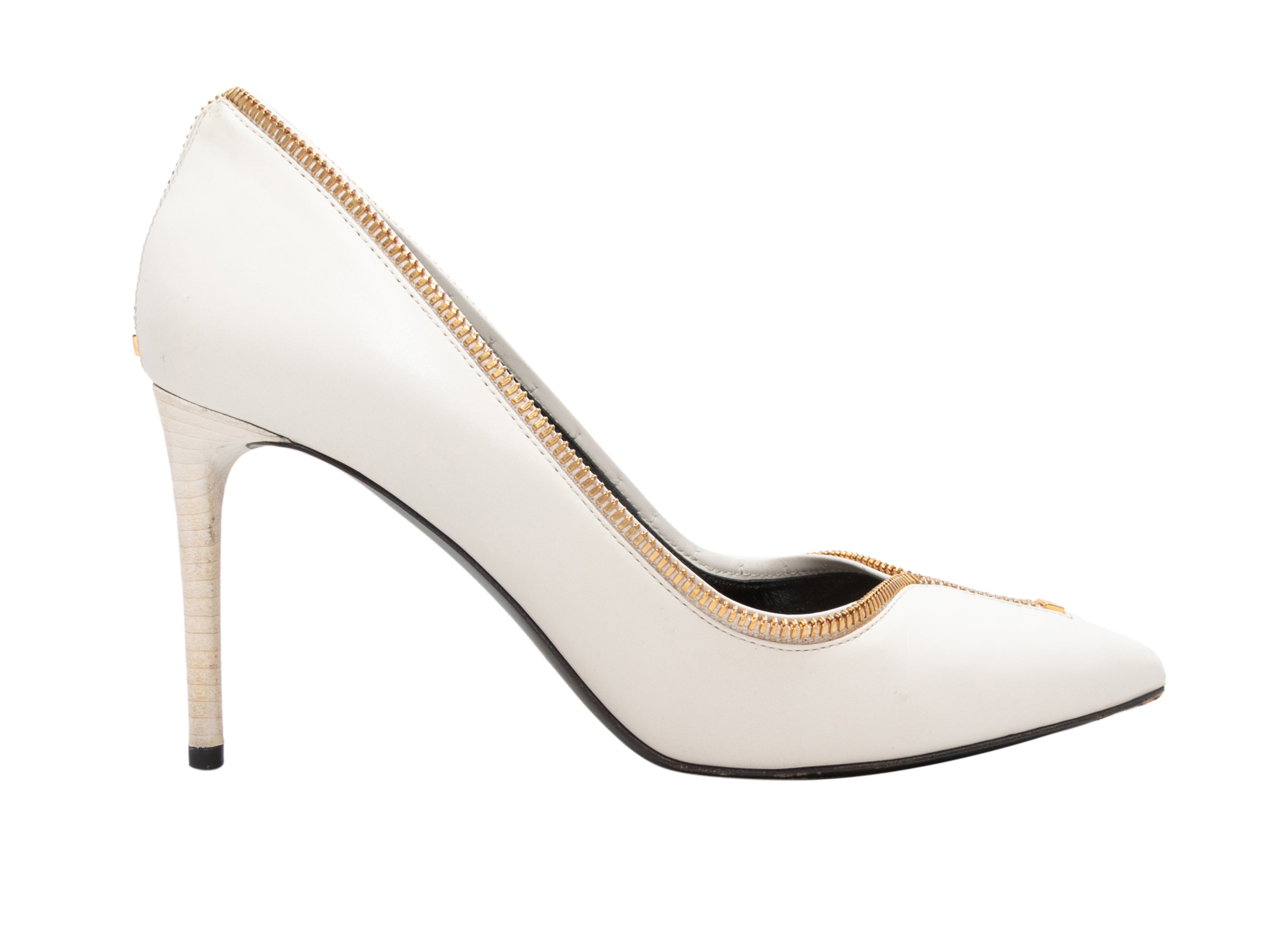 White & Gold-Tone Tom Ford Pointed-Toe Zipper Pumps Size 37 - Designer Revival
