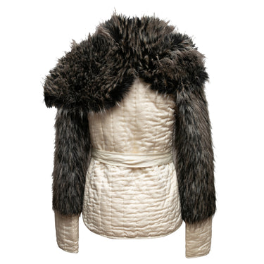 Vintage White & Charcoal Omo Norma Kamali Silk & Faux Fur Jacket Size US XS