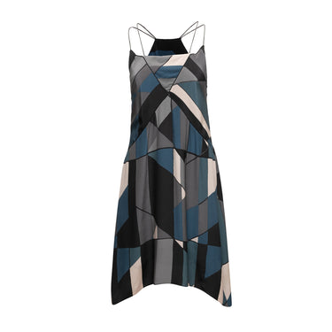 Grey & Multicolor Valentino Geometric Print Silk Dress Size US M - Atelier-lumieresShops Revival