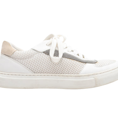 White & Beige Brunello Cucinelli Monilli-Trimmed Sneakers Size 37 - Designer Revival