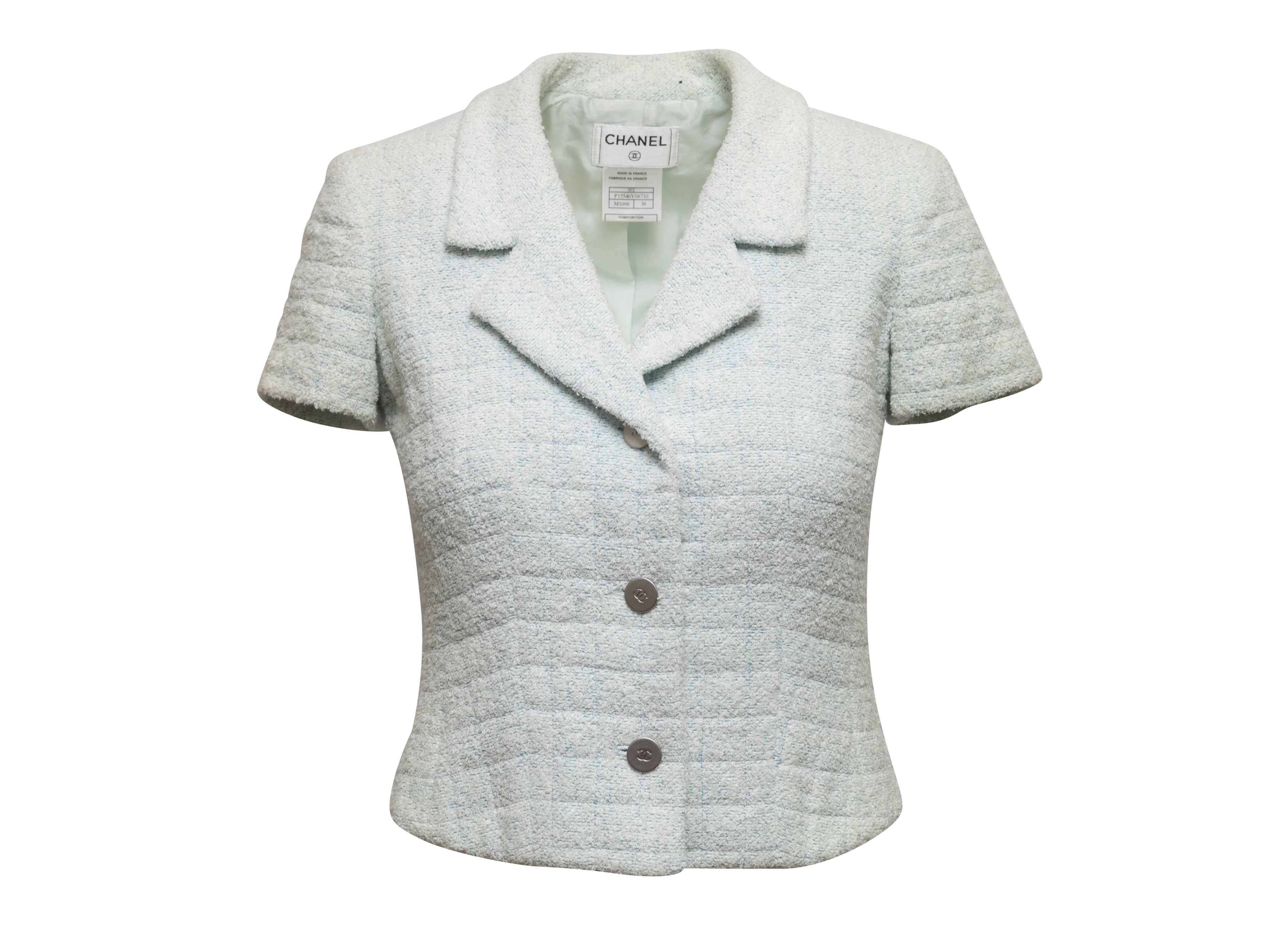 Light Blue Chanel Terry Cloth Button-Up Short Sleeve Top Size EU 38 - Designer Revival