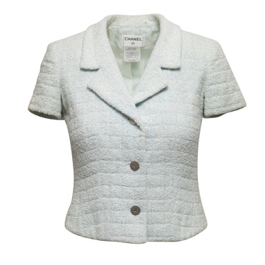 Light Blue Chanel Terry Cloth Button-Up Short Sleeve Top Size EU 38 - Designer Revival