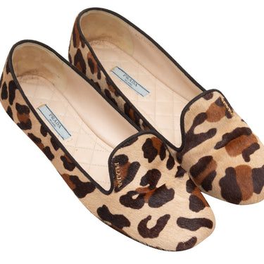 Tan & Multicolor Prada Leopard Print Ponyhair Flats Size 39