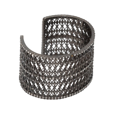 Silver-Tone Intricate Rhinestone-Embellished Cuff Bracelet - Designer Revival