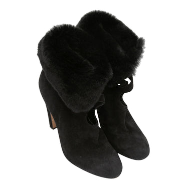 Black Sarah Flint Mink-Trimmed Suede Ankle Boots Size 40 - Designer Revival