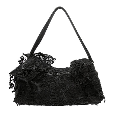 Black Prada Guipure Lace Ruffle Shoulder Bag - Designer Revival