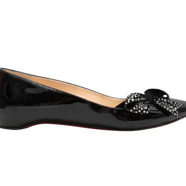 Black Christian Louboutin Patent Crystal Bow-Accented Flats Size 39.5