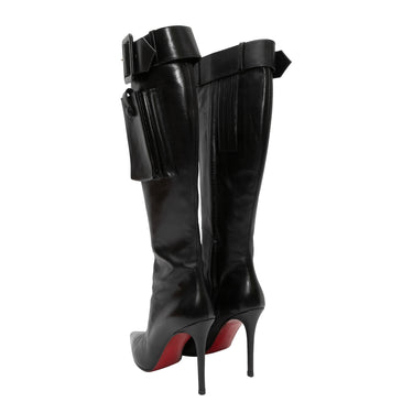 Black Christian Louboutin Knee-High Pointed-Toe Pocket Boots Size 39