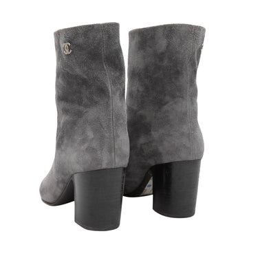 Grey Chanel Suede Heeled Ankle Boots size 38.5 - Designer Revival