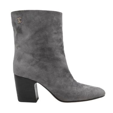 Grey Chanel Suede Heeled Ankle Boots size 38.5 - Designer Revival