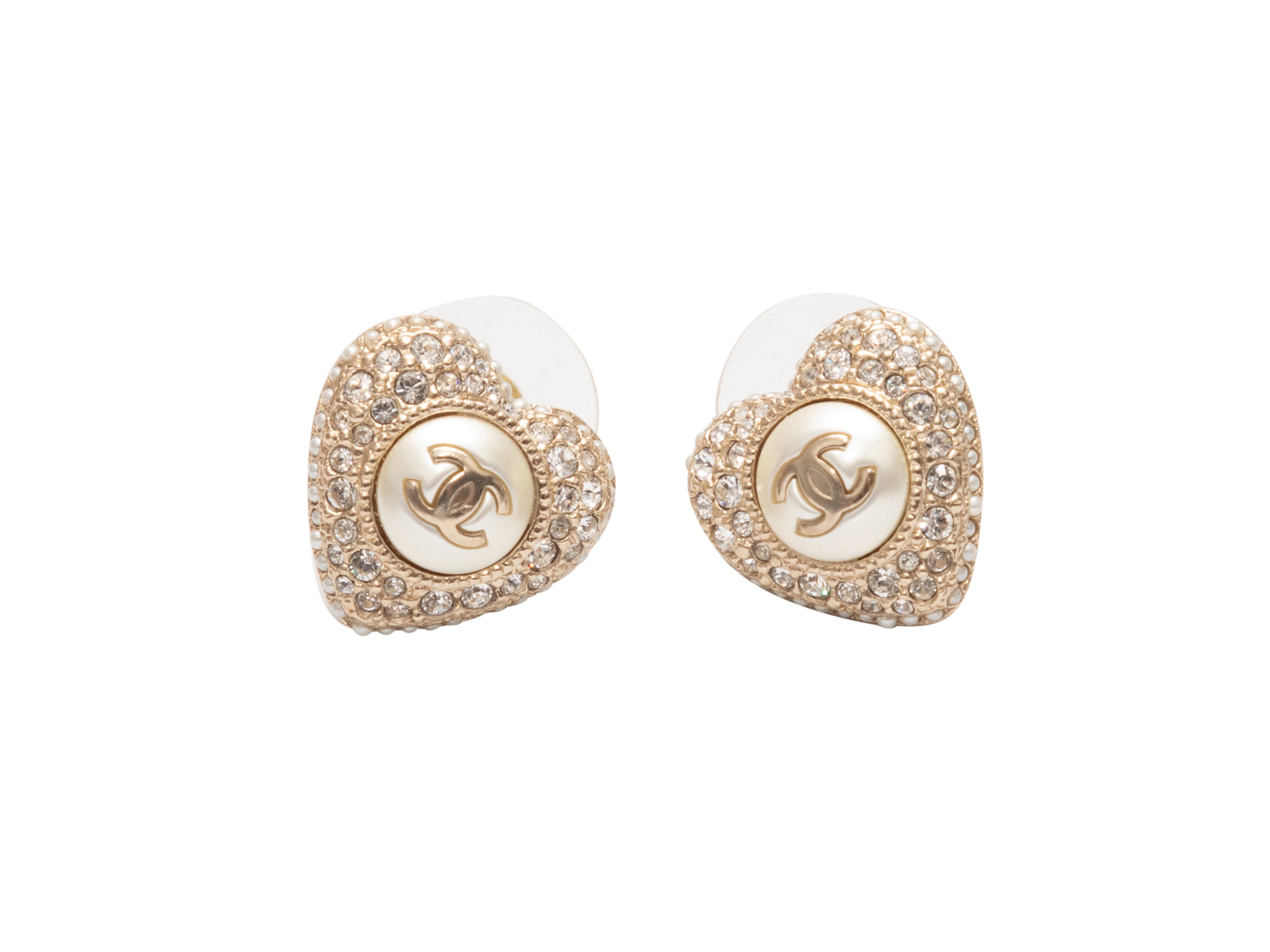 CHANEL NEW IN BOX CC GOLD TONE W/SILVER CRYSTAL PAVE STUD EARRINGS