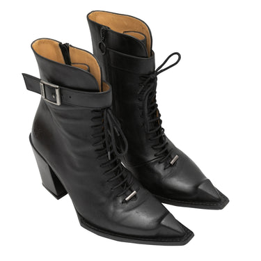 Black John Fluevog Pointed-Toe Lace-Up Ankle Boots Size 40