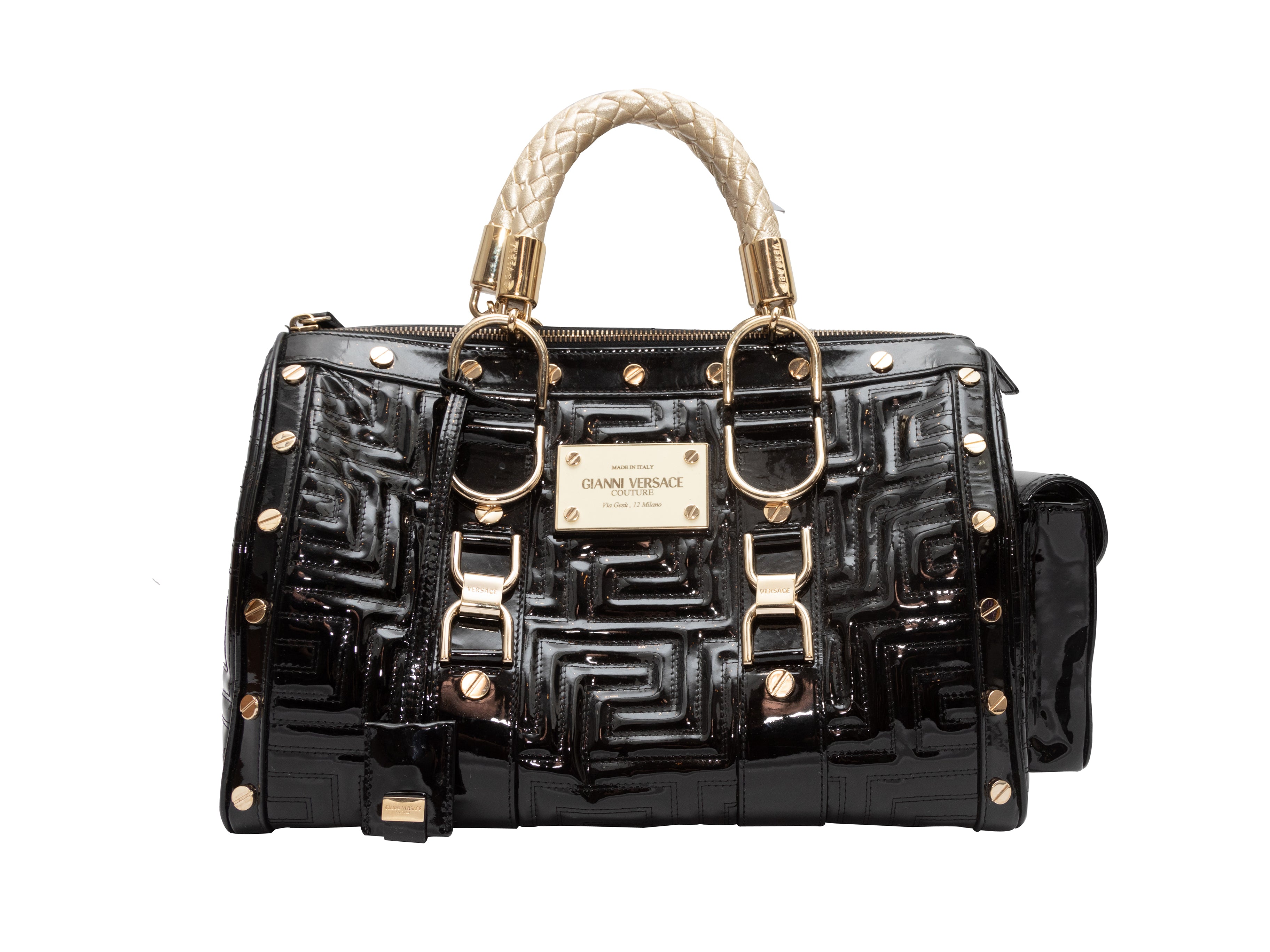 Black Gianni Versace Patent Leather Snap Out Of It Handbag