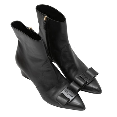Black Salvatore Ferragamo Pointed-Toe Bow Ankle Boots Size 38