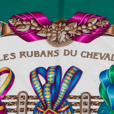 Green & Multicolor Les Rubans du Cheval Motif Silk Scarf - Designer Revival