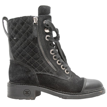Black Chanel Quilted Suede Cap-Toe Combat Boots Size 35 - Designer Revival