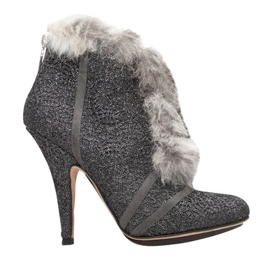 Silver & Grey Christian Dior Fur-Trimmed Heeled Booties Size 38.5 - Designer Revival