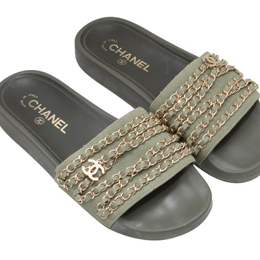 Olive Chanel Chain-Accented Slide Sandals Size 39 - Designer Revival