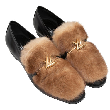 Black & Brown Louis Vuitton Leather & Mink Fur Monogram Loafers Size 39 - Designer Revival