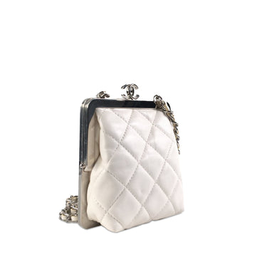 White Chanel Lambskin and Plexiglass Kiss Clutch with Chain Crossbody Bag - Designer Revival