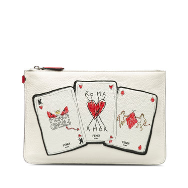 White Fendi Roma Playing Cards Zip Clutch - Designer Revival