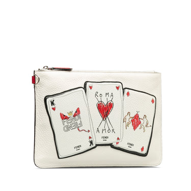 White Fendi Roma Playing Cards Zip Clutch - Designer Revival