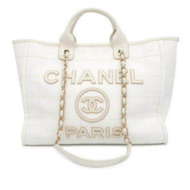 White Chanel Medium Canvas Square Stitch Deauville Shopping Tote Satchel