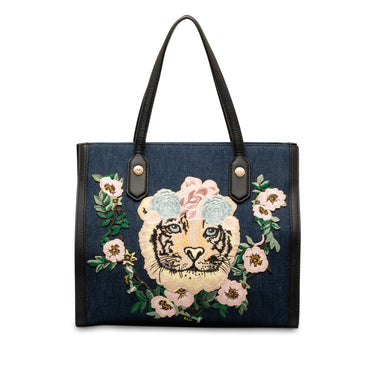 Blue Gucci Tiger Denim Embroidered Tote - Designer Revival