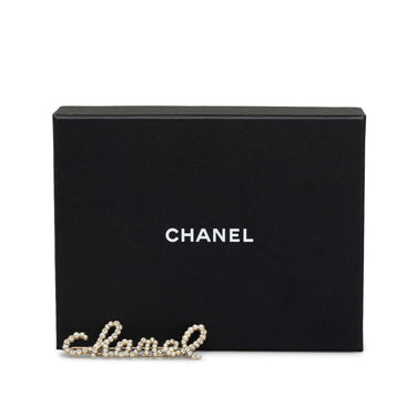 Gold Chanel Rhinestone & Pearl Swirling Logo Barette - Designer Revival