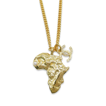 Gold Chanel Faux Pearl & Strass Africa Map Pendant Necklace