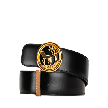 Black Hermès Horse Tree Emblem Leather Belt