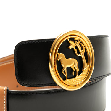 Black Hermès Horse Tree Emblem Leather Belt