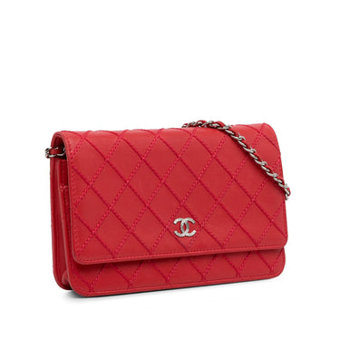 Red Chanel CC Lambskin Wild Stitch Wallet on Chain Crossbody Bag - Designer Revival