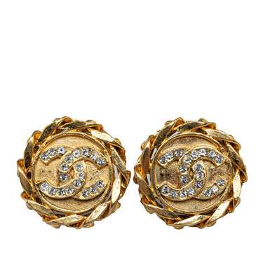 Gold Chanel CC Rhinestone Clip on Earrings - Designer Revival
