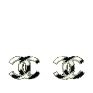 Silver Chanel CC Stripe Clip on Earrings