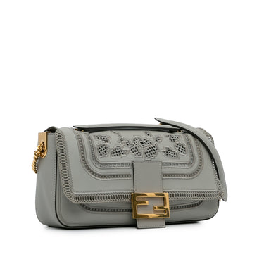 Gray Fendi Embroidered Lace Baguette Chain Shoulder Bag - Designer Revival