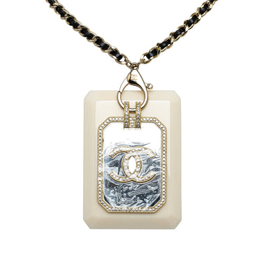 White Chanel Crystal Embellished Resin Card Case Pendant Necklace