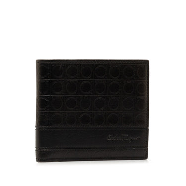 Black Ferragamo Gancini Embossed Leather Bifold Wallet - Designer Revival